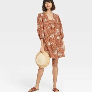 Knox Rose Rust Floral Boho Mini Dress Rayon Linen Blend Shift 3/4 Balloon Sleeve